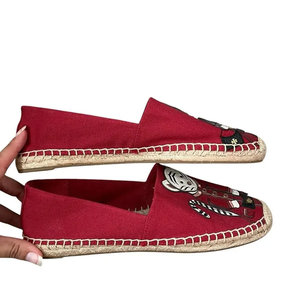 Tory Burch Tilly Tiger Espadrille Flats Red Canvas Leather Slip On Whimsy Size 9